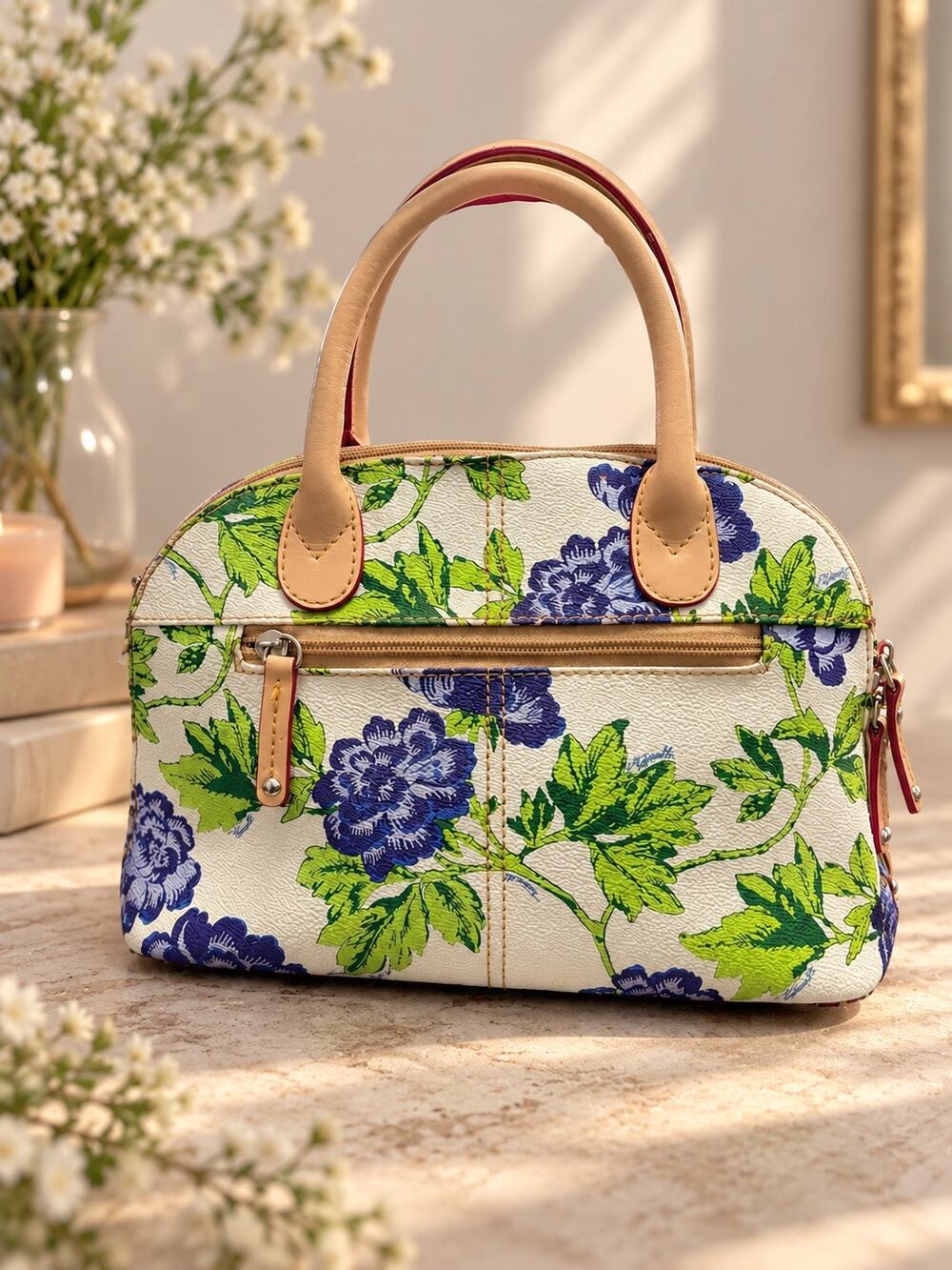Tignanello Floral Print Satchel Handbag Cream Purple Green Tan Trim Zip Top